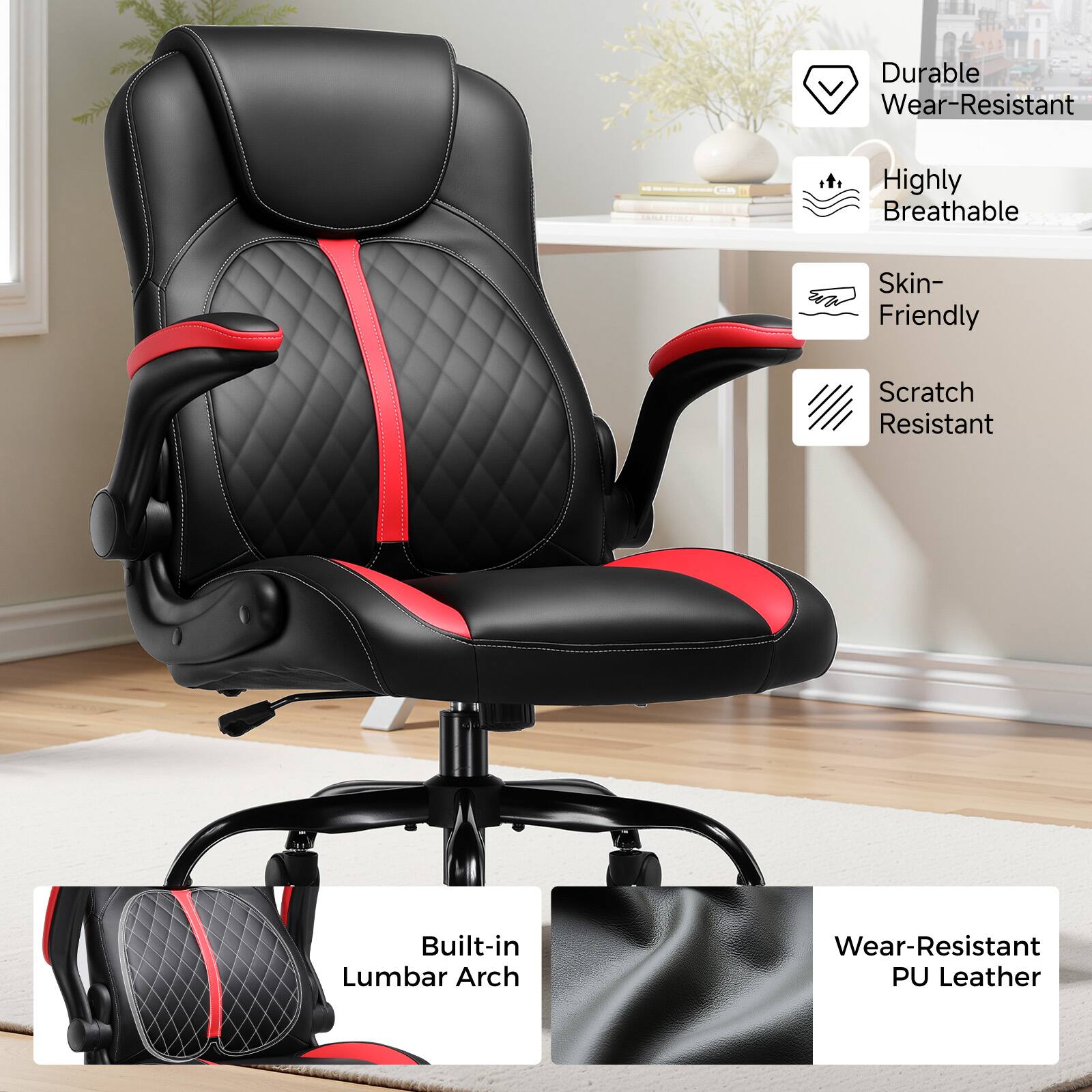 Durable, Wear-Resistant, Highly Breathable, Skin-Friendly, Scratch Resistant, Built-in Lumbar Arch, Wear-Resistant PU Leather