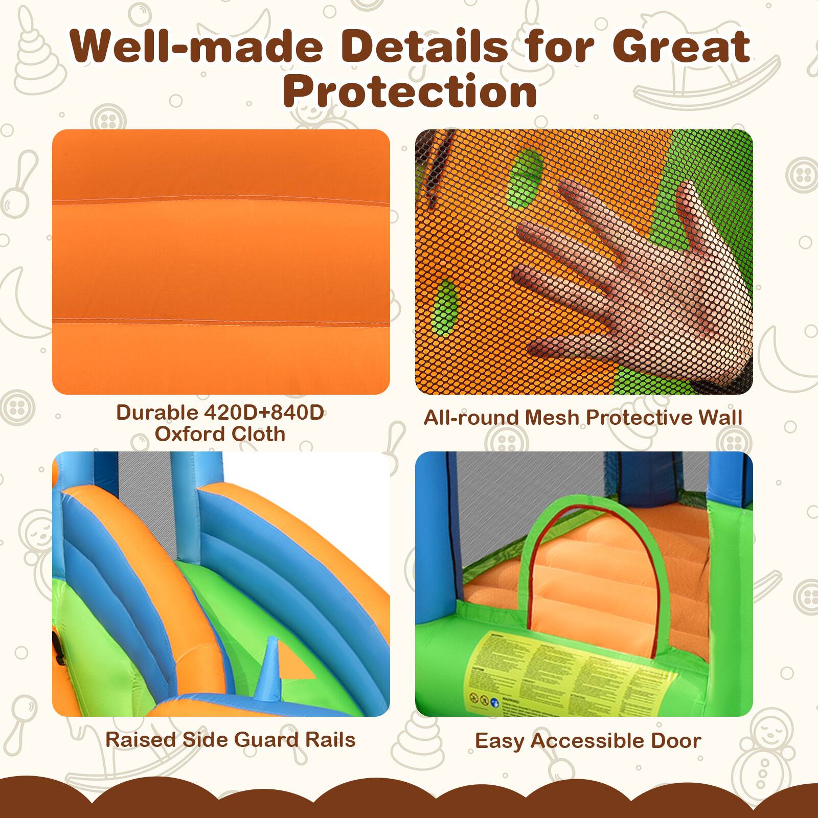 Well-made Details for Great Protection

- Durable 420D+840D Oxford Cloth
- All-round Mesh Protective Wall
- Raised Side Guard Rails
- Easy Accessible Door