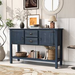 Whisen - 46" Retro Console Table, Pine Wood Veneer Buffet Sideboard with 2 Drawers, Cabinets & Bottom Shelf - Navy Blue