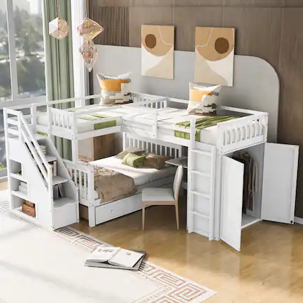 Front. Tiramisubest - Twin-Twin L-Shaped Bunk Bed, 3 Drawers, Portable Desk, Wardrobe, White - White.