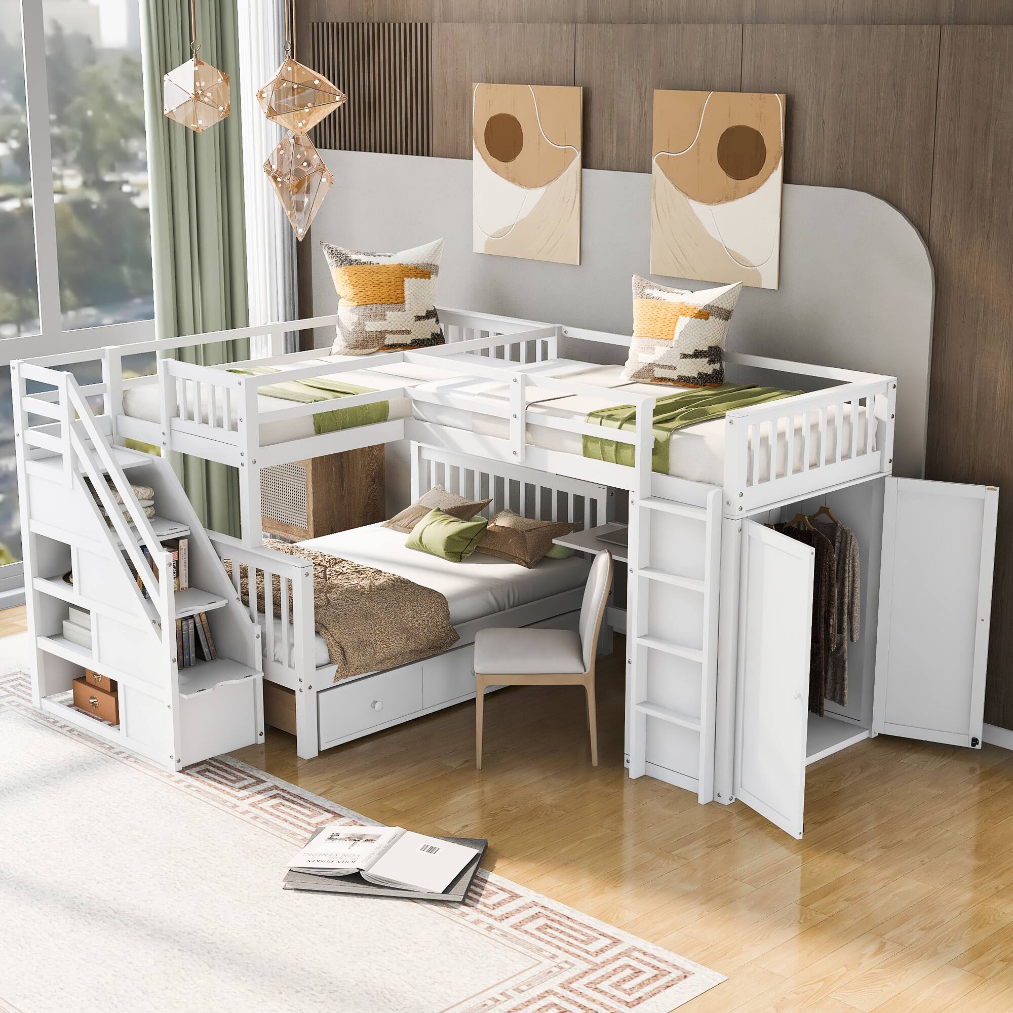 Front. Tiramisubest - Twin-Twin L-Shaped Bunk Bed, 3 Drawers, Portable Desk, Wardrobe, White - White.