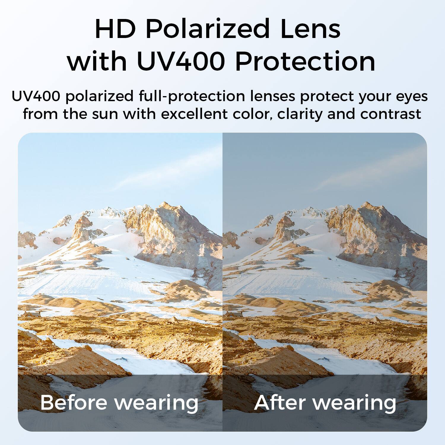 HD Polarized Lens with UV400 Protection

UV400 polarized full-protection lenses protect your eyes from the sun with excellent color, clarity, and contrast.

Before wearing

After wearing
