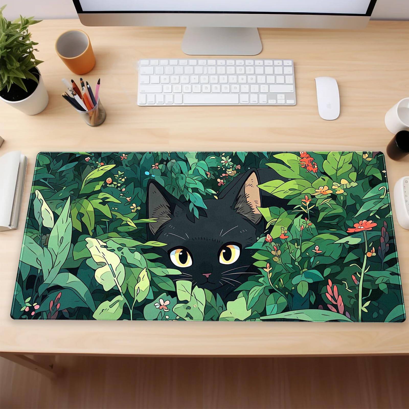 Alt View 3. Comfort Essence - Black Cat Mouse Pad Cute Gaming Mousepad Xl Computer Mat 31.5 X Full Desk And Green With Stitched Edge - Dragon.