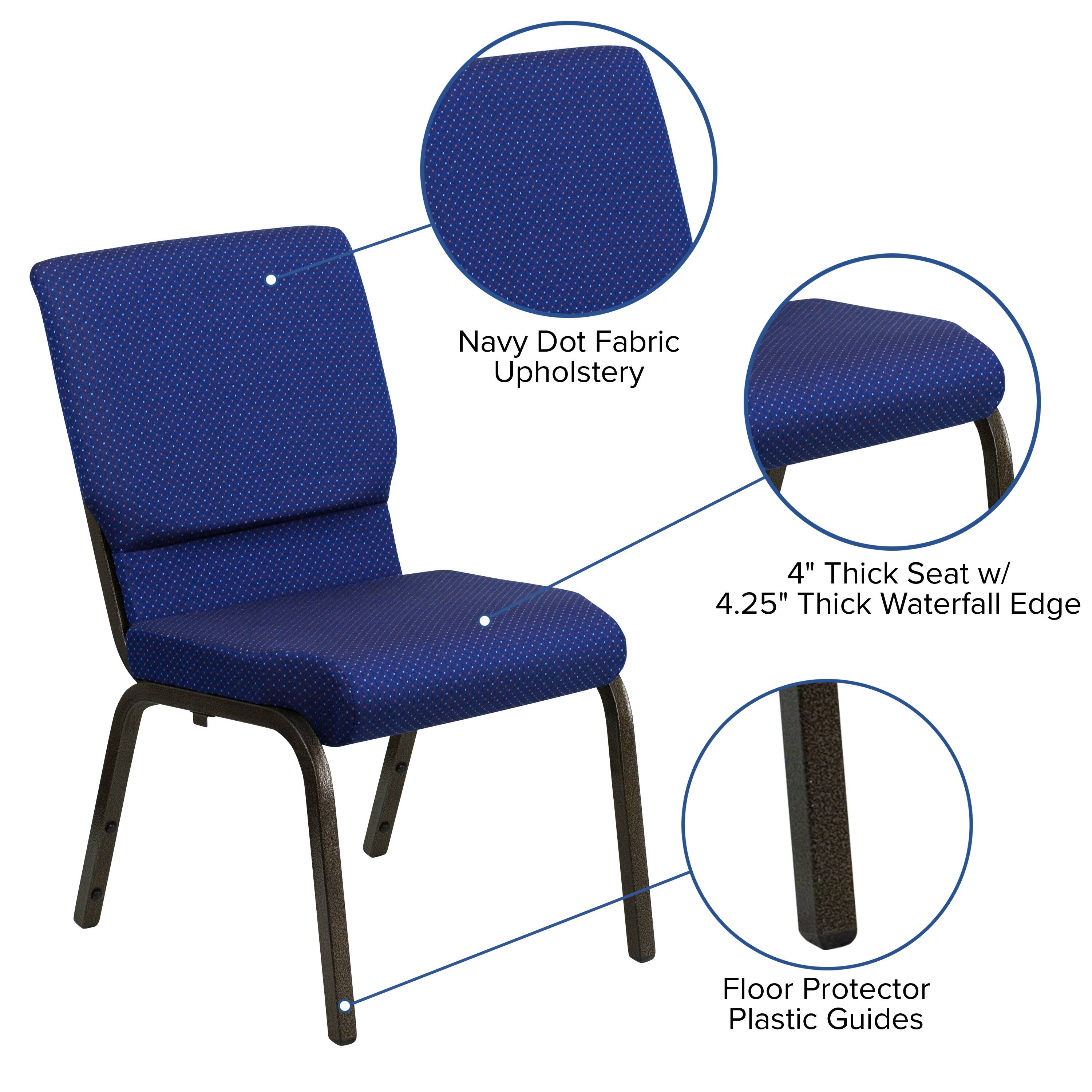 Navy Dot Fabric Upholstery  
4" Thick Seat w/ 4.25" Thick Waterfall Edge  
Floor Protector Plastic Guides