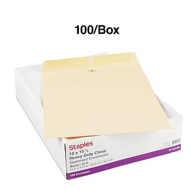 100/Box Staples 12 x 15% Heavy Duty Clasp Envelopes Gummed Manila 12 100 Envelopes