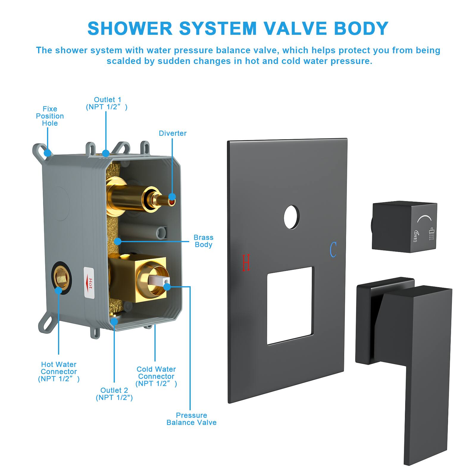 **SHOWER SYSTEM VALVE BODY**

The shower system with water pressure balance valve, which helps protect you from being scalded by sudden changes in hot and cold water pressure.

- **Fixe Position Hole**
- **Outlet 1 (NPT 1/2")**
- **Diverter**
- **Brass Body**
- **Hot Water Connector (NPT 1/2")**
- **Cold Water Connector (NPT 1/2")**
- **Outlet 2 (NPT 1/2")**
- **Pressure Balance Valve**