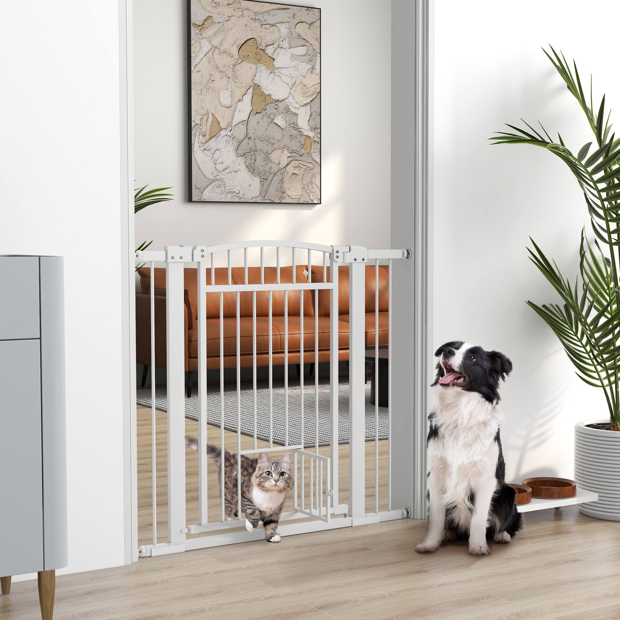 Angle. Pawhut - Pet Gate Indoor with Cat Door, 30"-41" Dog Gate, Extra Wide Walk Through Puppy Gate, Pressure/Hardware Mounted.