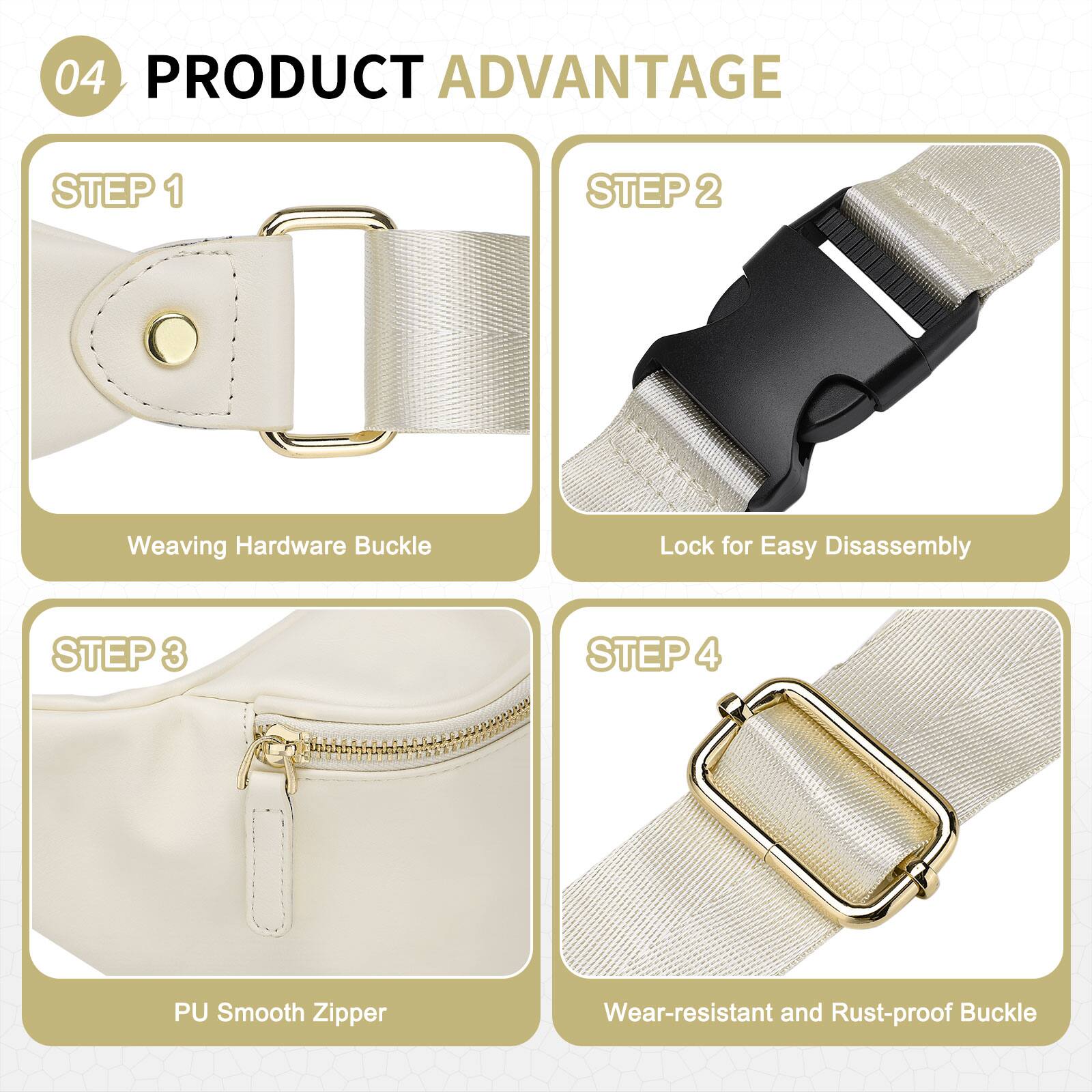 04 PRODUCT ADVANTAGE

STEP 1  
Weaving Hardware Buckle

STEP 2  
Lock for Easy Disassembly

STEP 3  
PU Smooth Zipper

STEP 4  
Wear-resistant and Rust-proof Buckle