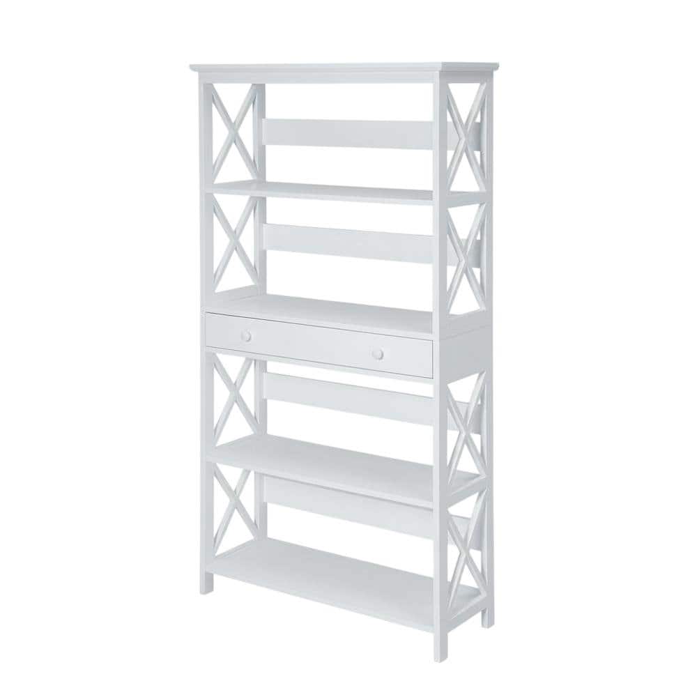 FurniFact - Wooden 5-Tier Bookcase with Drawer for Storage and Organization - White