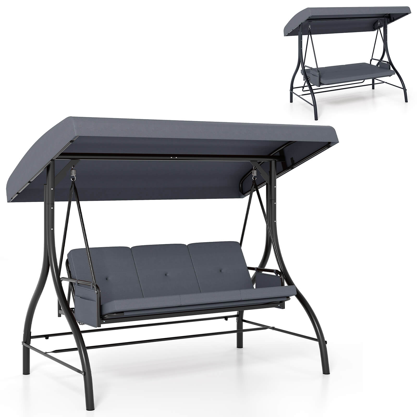 Front. Costway - Costway 3-Seat Patio Swing with Canopy with Removable Cushions & Side Pockets Stand - Gray.