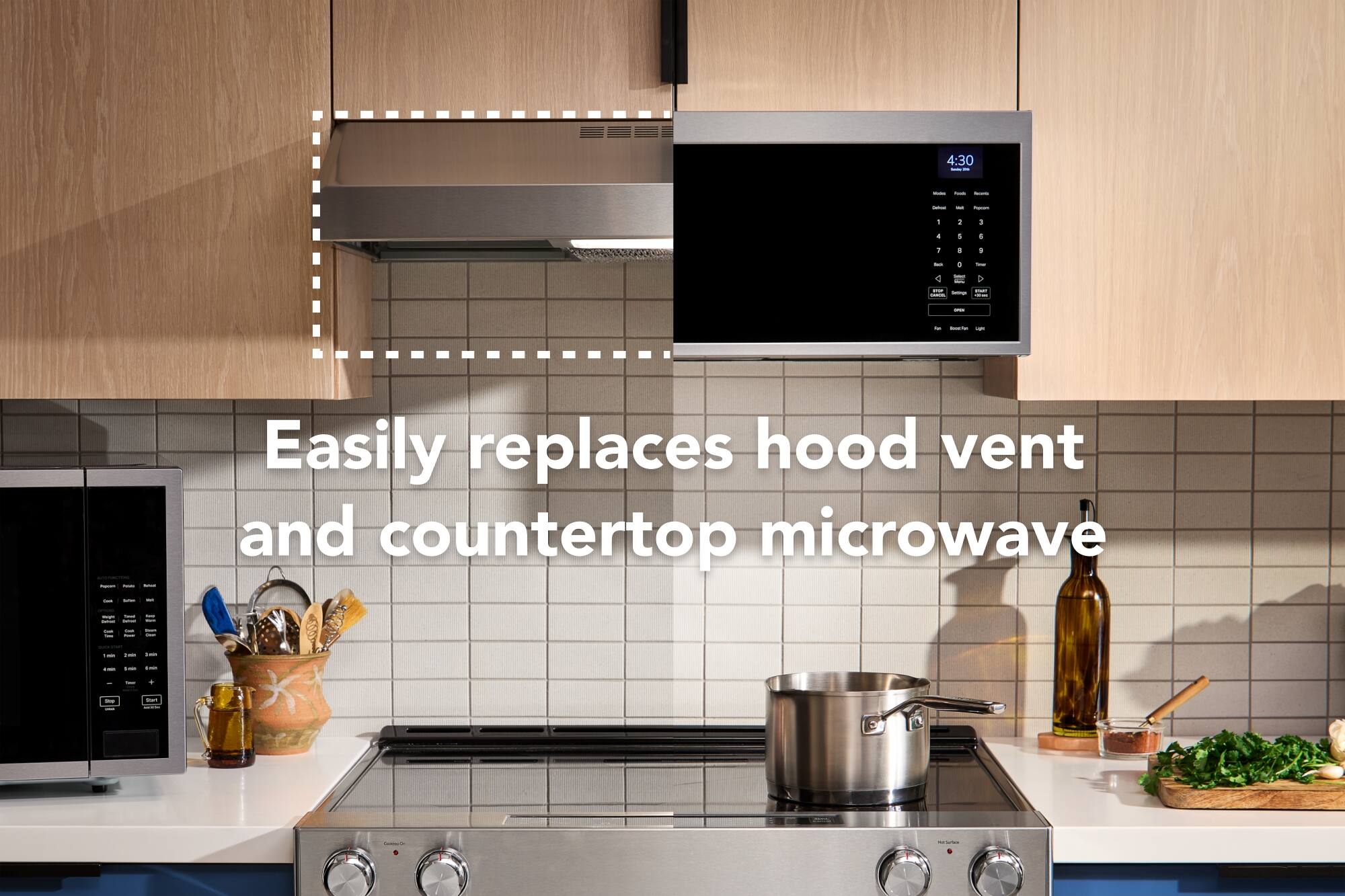 Easily replaces hood vent and countertop microwave.