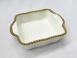 Jiallo - 7" Contemporary Gold Bead Square Dish – Modern Decorative Serving Dish with Beaded Rim - White