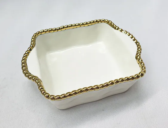 Front. Jiallo - 7" Contemporary Gold Bead Square Dish – Modern Decorative Serving Dish with Beaded Rim - White.