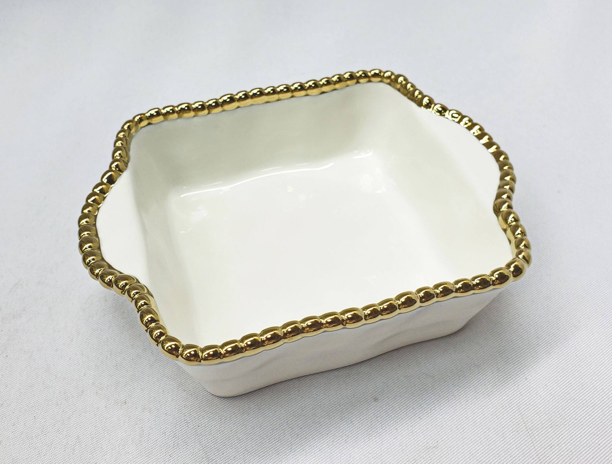 Front. Jiallo - 7" Contemporary Gold Bead Square Dish – Modern Decorative Serving Dish with Beaded Rim - White.