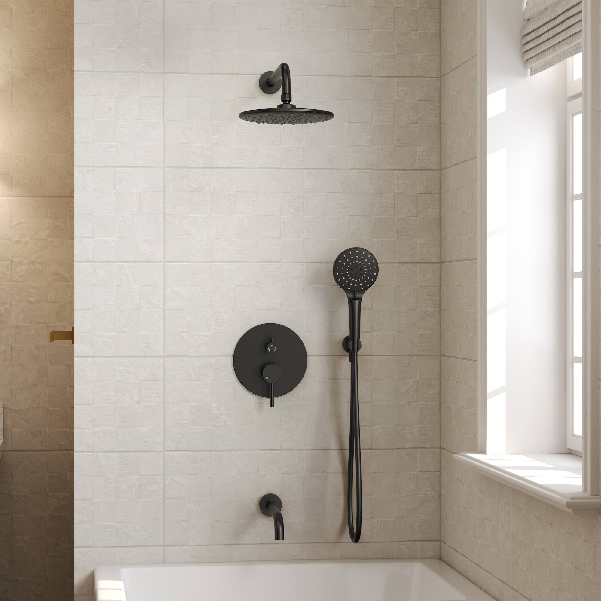Angle. GRANDJOY - 3-Function Shower Faucet Set with 10" Rainfall Head, Handheld Sprayer and Shower Valve Combo - Matte Black.