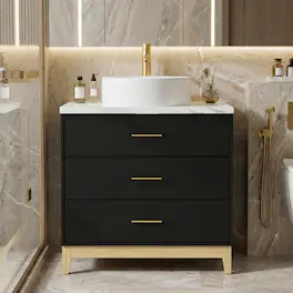 FUFU & GAGA - Bathroom Vanity with Round Ceramic Vessel Sink – 31.5" Faux Marble Top, 3 Drawers, Gold Handles for Modern Bathroom - Black