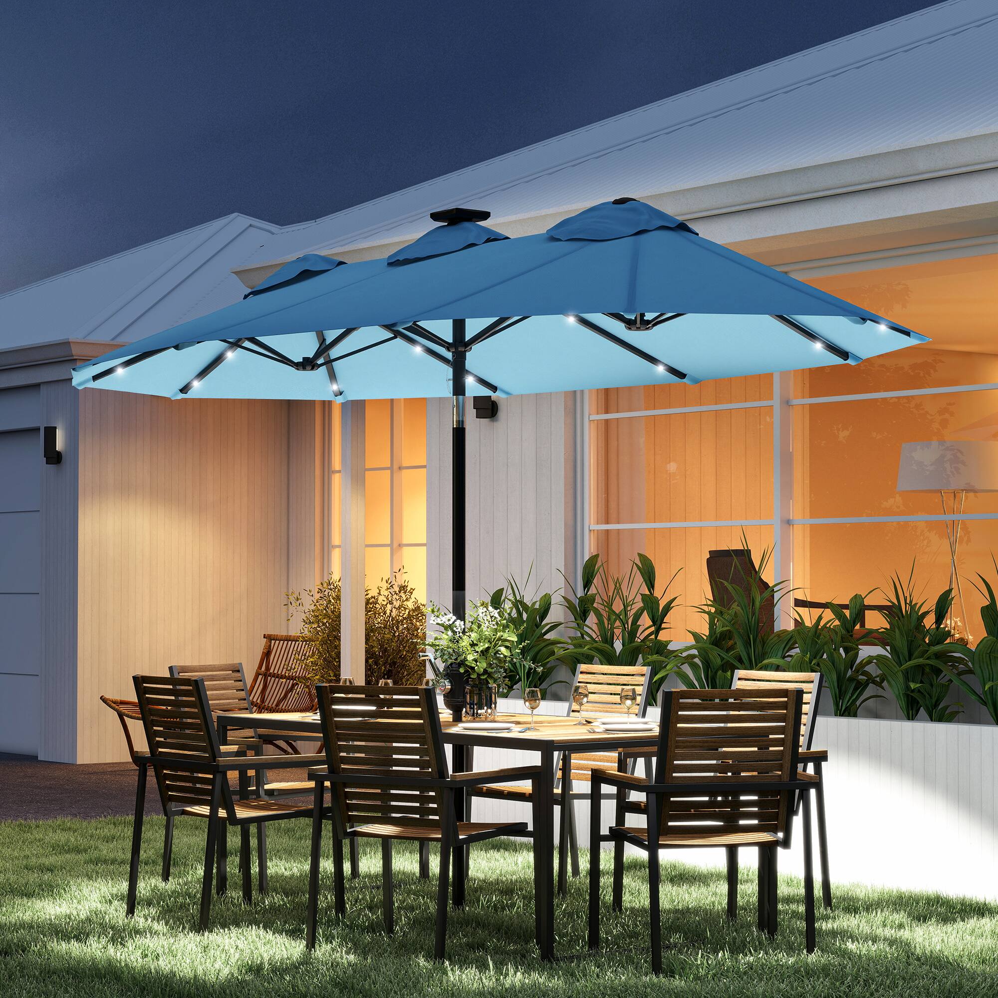 Alt View 1. Outsunny - Patio Umbrella, 9.7' Outdoor Umbrella with Tilt and Crank, LED Solar Light and 12 Ribs - Light Blue.