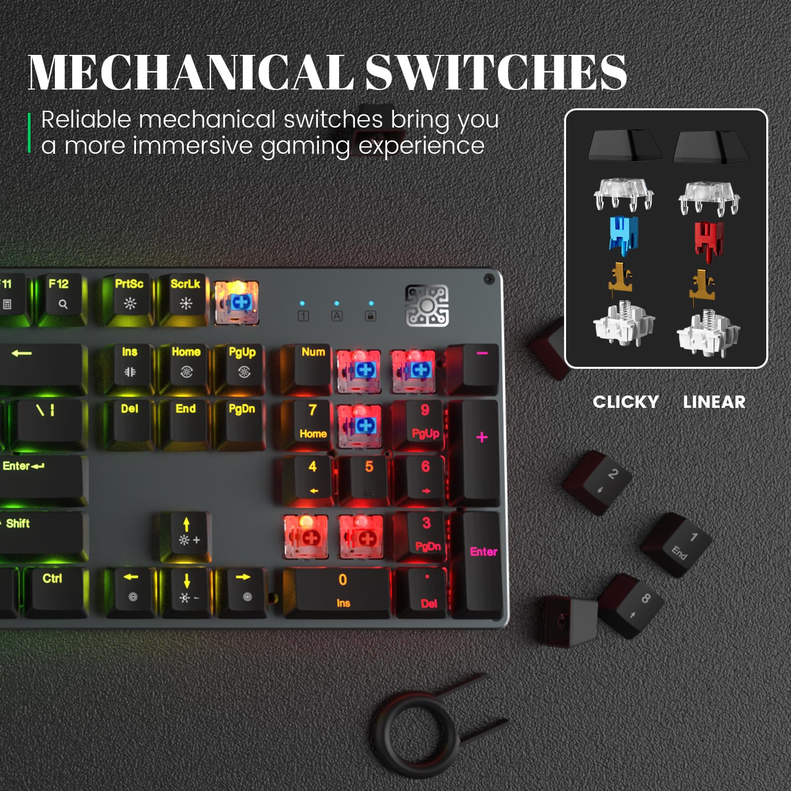 **MECHANICAL SWITCHES**

Reliable mechanical switches bring you a more immersive gaming experience

**CLICKY LINEAR**

- F12
- PrtSc
- ScrLk
- Ins
- Home
- PgUp
- Num
- Del
- End
- PgDn
- 7
- 8
- 9
- 4
- 5
- 6
- 1
- 2
- 3
- Enter
- Shift
- Ctrl
- 0
- Ins