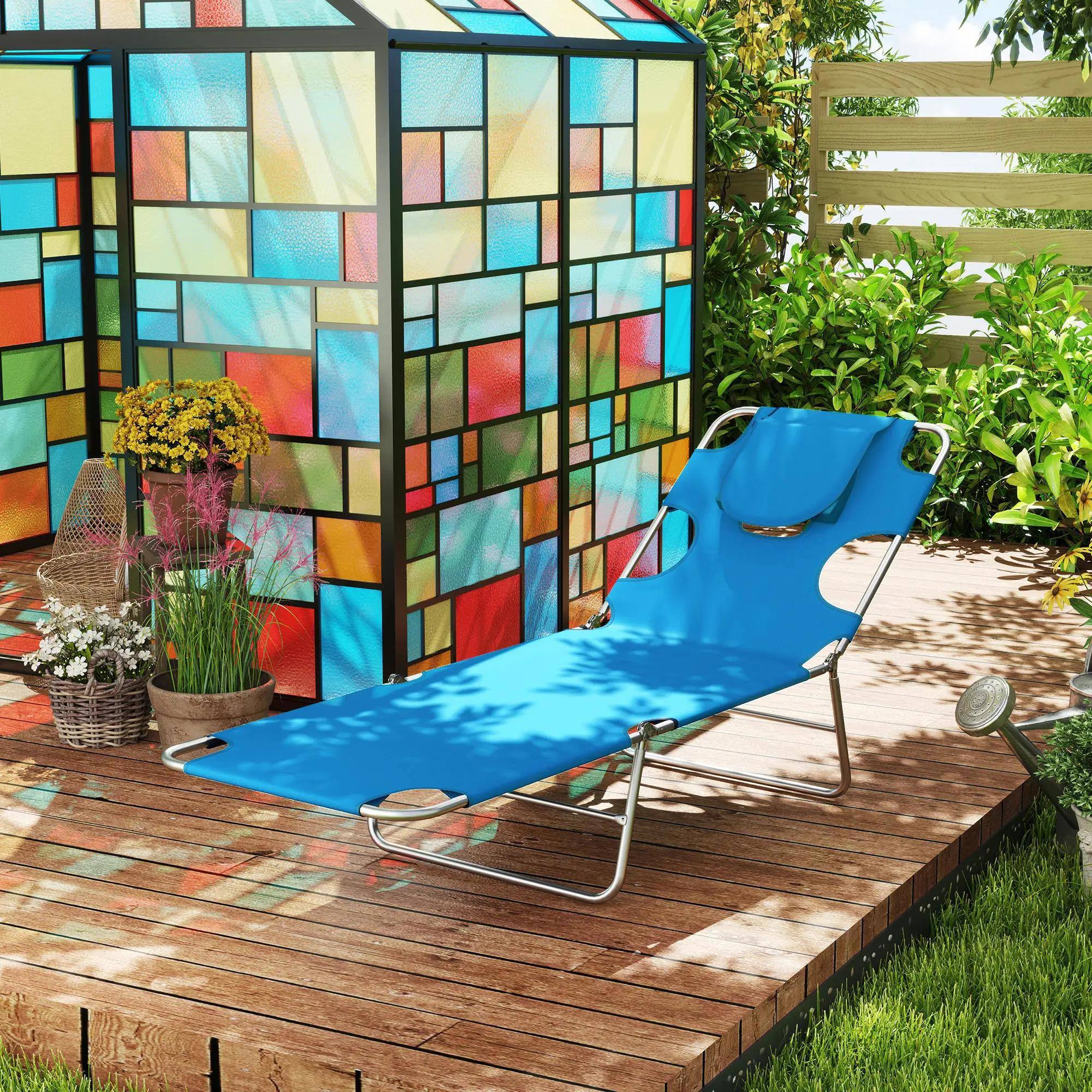 Alt View 4. Spaco - Spaco Folding Chaise Lounge Chair, 5 Position Sun Tanning, Face Hole,Pillow - Light Blue.