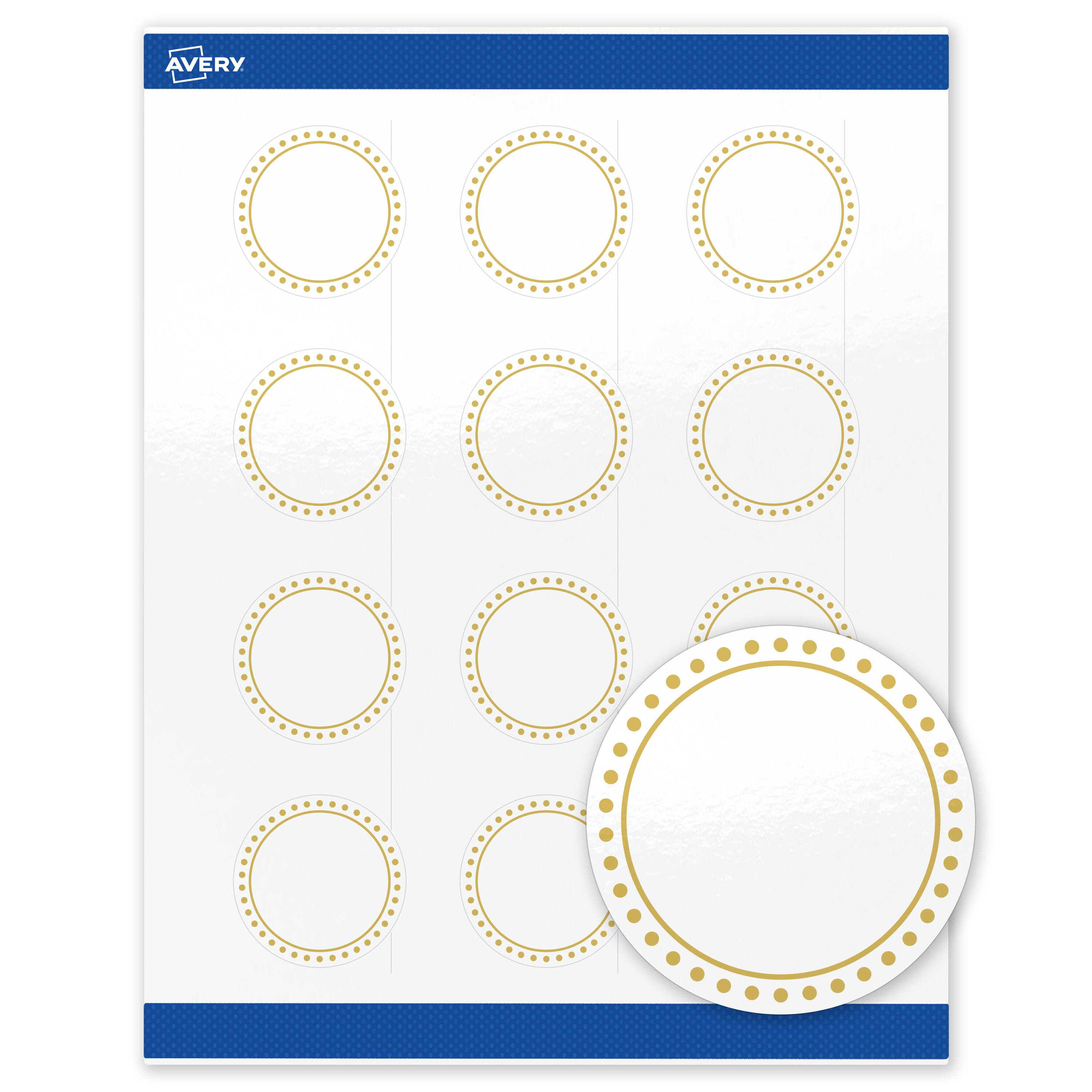 Front. Avery - Avery Labels, 2" Diameter, Glossy White, Gold Border/Gold Dots - White.