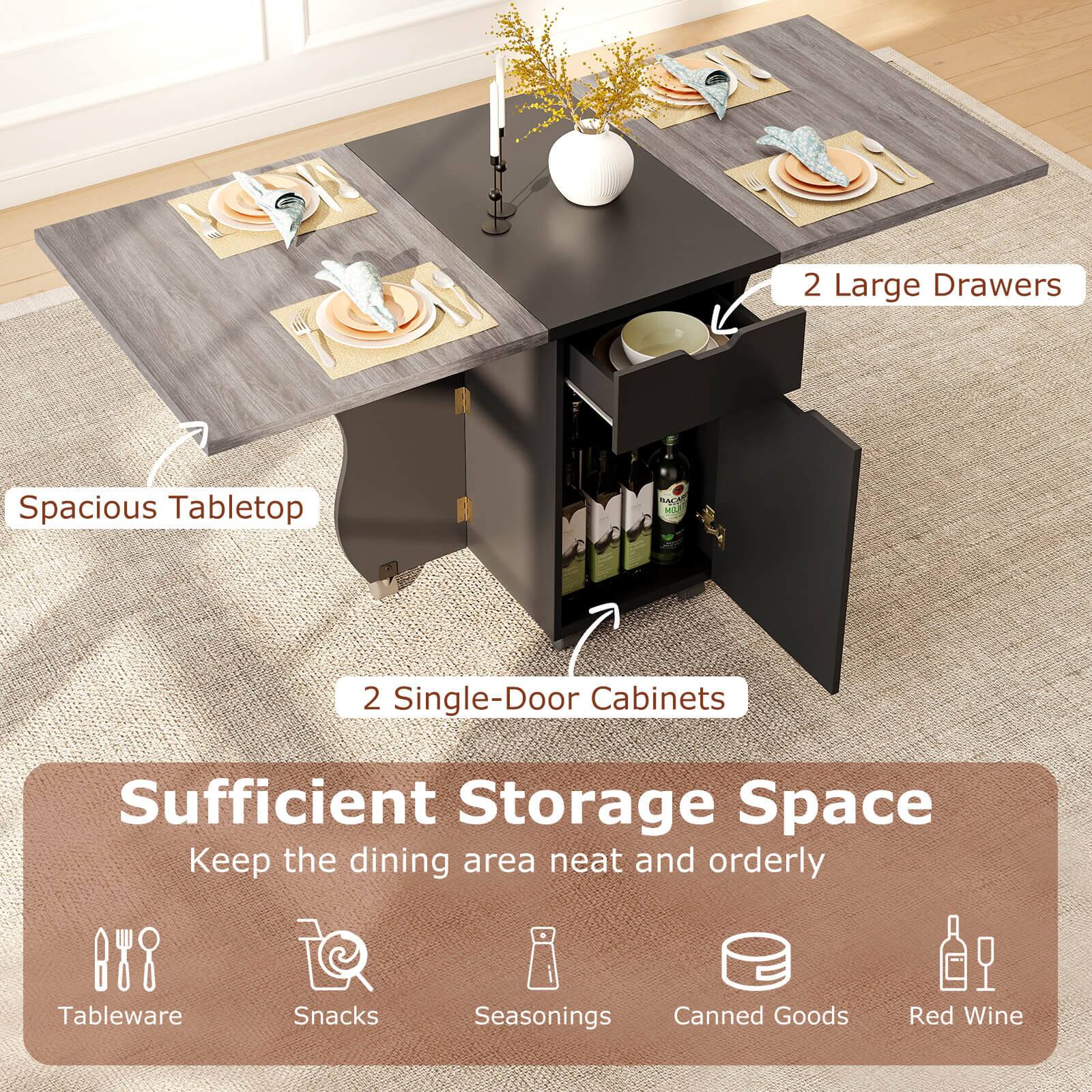 2 Large Drawers  
Spacious Tabletop  
2 Single-Door Cabinets  

Sufficient Storage Space  
Keep the dining area neat and orderly  

Tableware  
Snacks  
Seasonings  
Canned Goods  
Red Wine