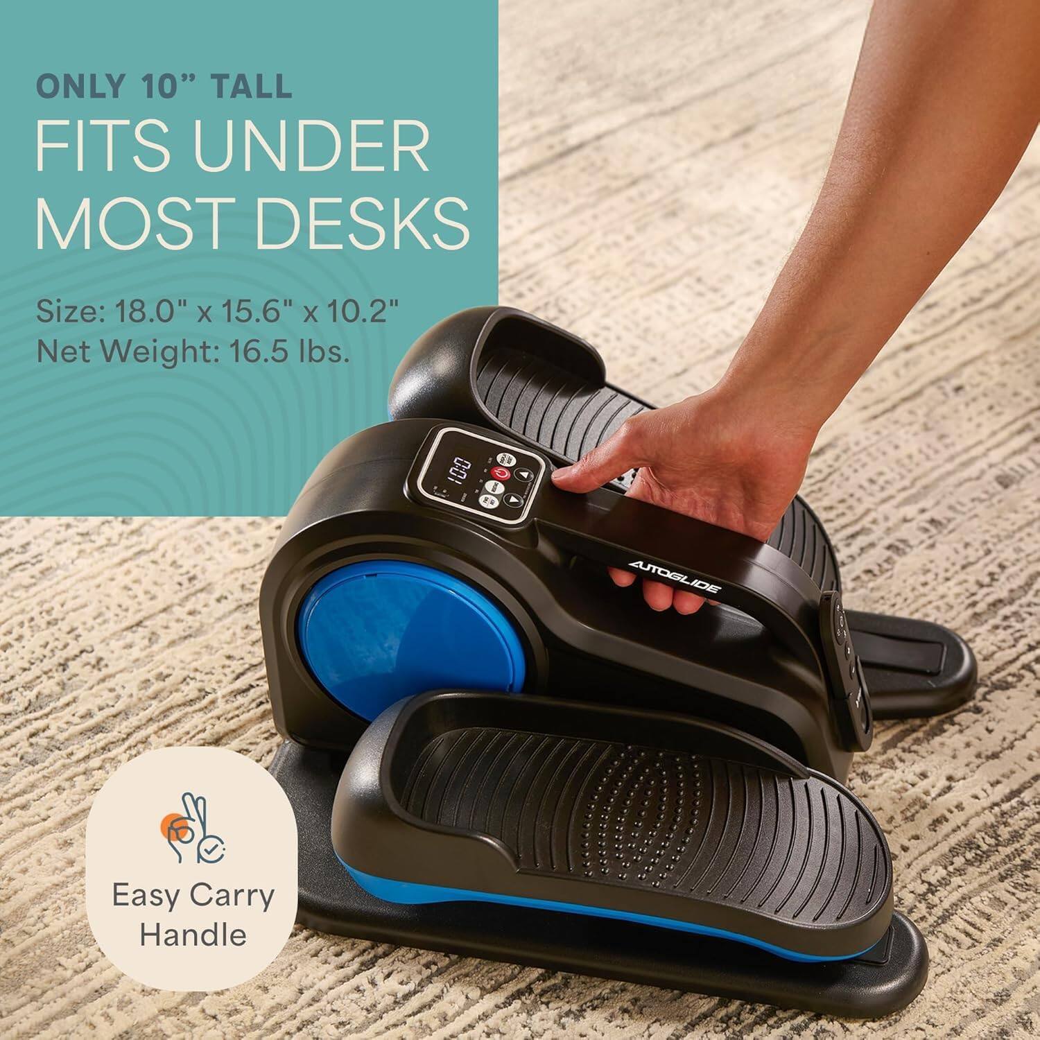 ONLY 10" TALL FITS UNDER MOST DESKS  
Size: 18.0" x 15.6" x 10.2"  
Net Weight: 16.5 lbs.  
100 D E I N ATOGLIDE  
Easy Carry Handle