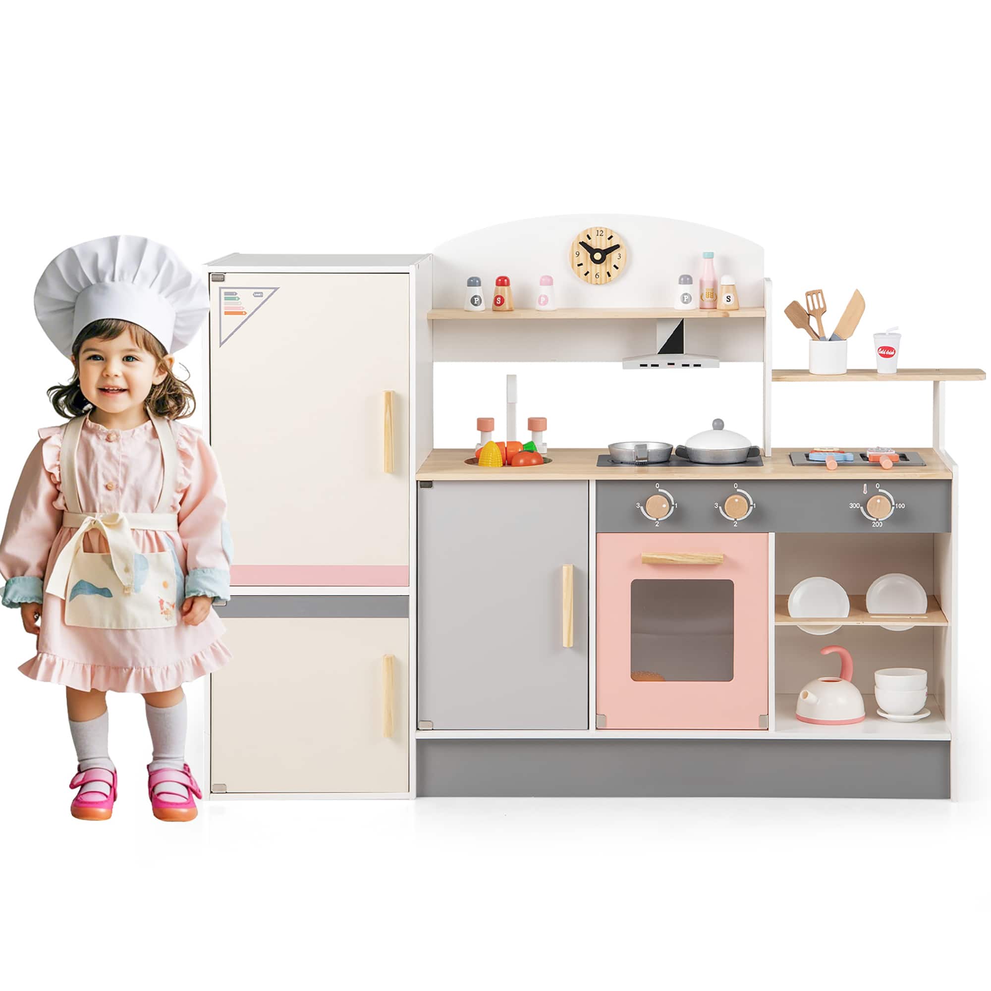 Front. Gymax - Gymax Kids Chef Play Kitchen Set Toddlers Wooden Pretend Toy Playset w/ Range Hood - Beige, Gray, Pink.