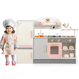 Gymax - Kids Chef Play Kitchen Set Toddlers Wooden Pretend Toy Playset w/ Range Hood - Beige, Gray, Pink