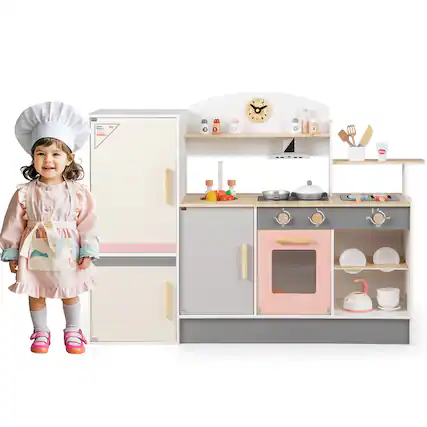 Front. Gymax - Gymax Kids Chef Play Kitchen Set Toddlers Wooden Pretend Toy Playset w/ Range Hood - Beige, Gray, Pink.