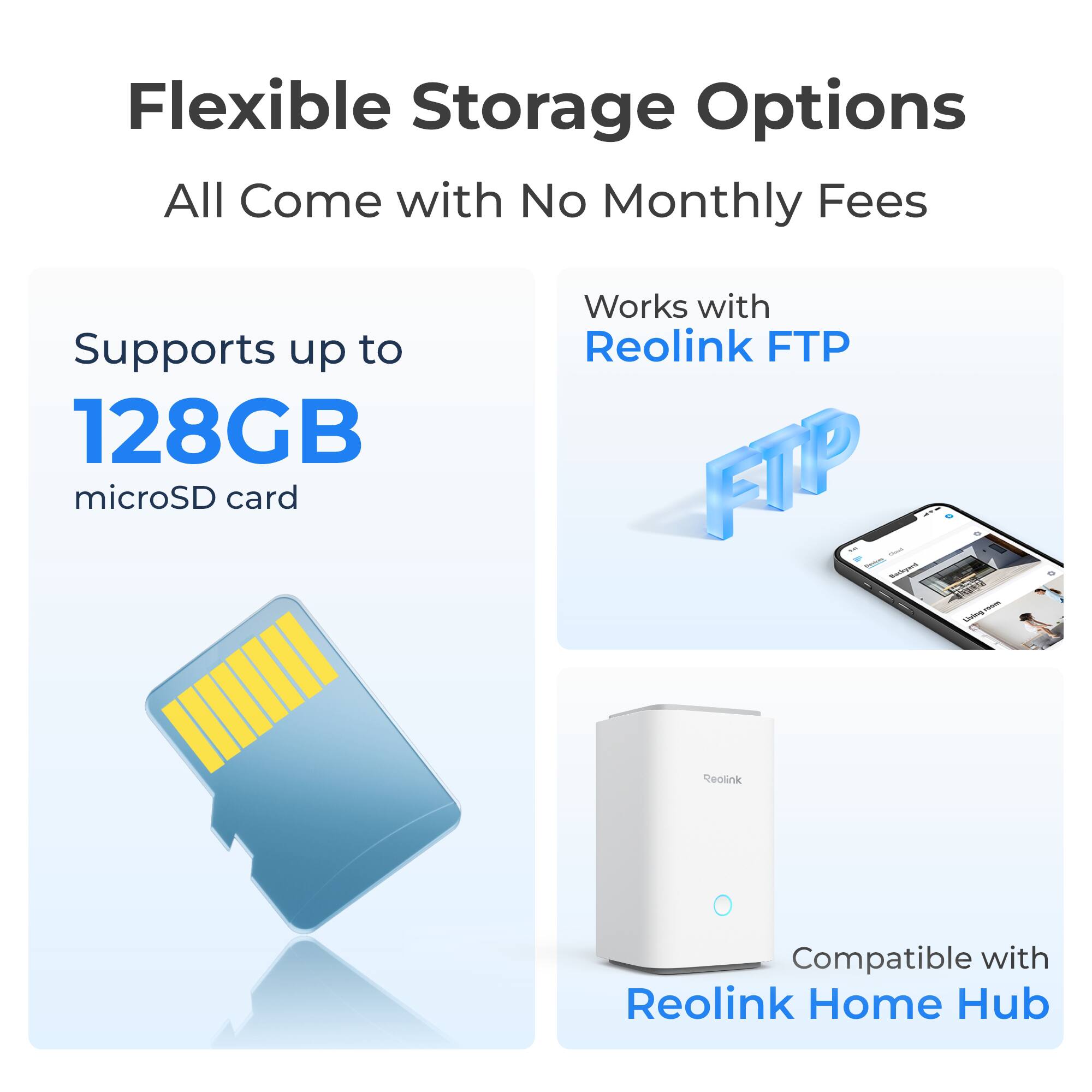 Flexible Storage Options  
All Come with No Monthly Fees

Supports up to 128GB microSD card

Works with Reolink FTP

Compatible with Reolink Home Hub