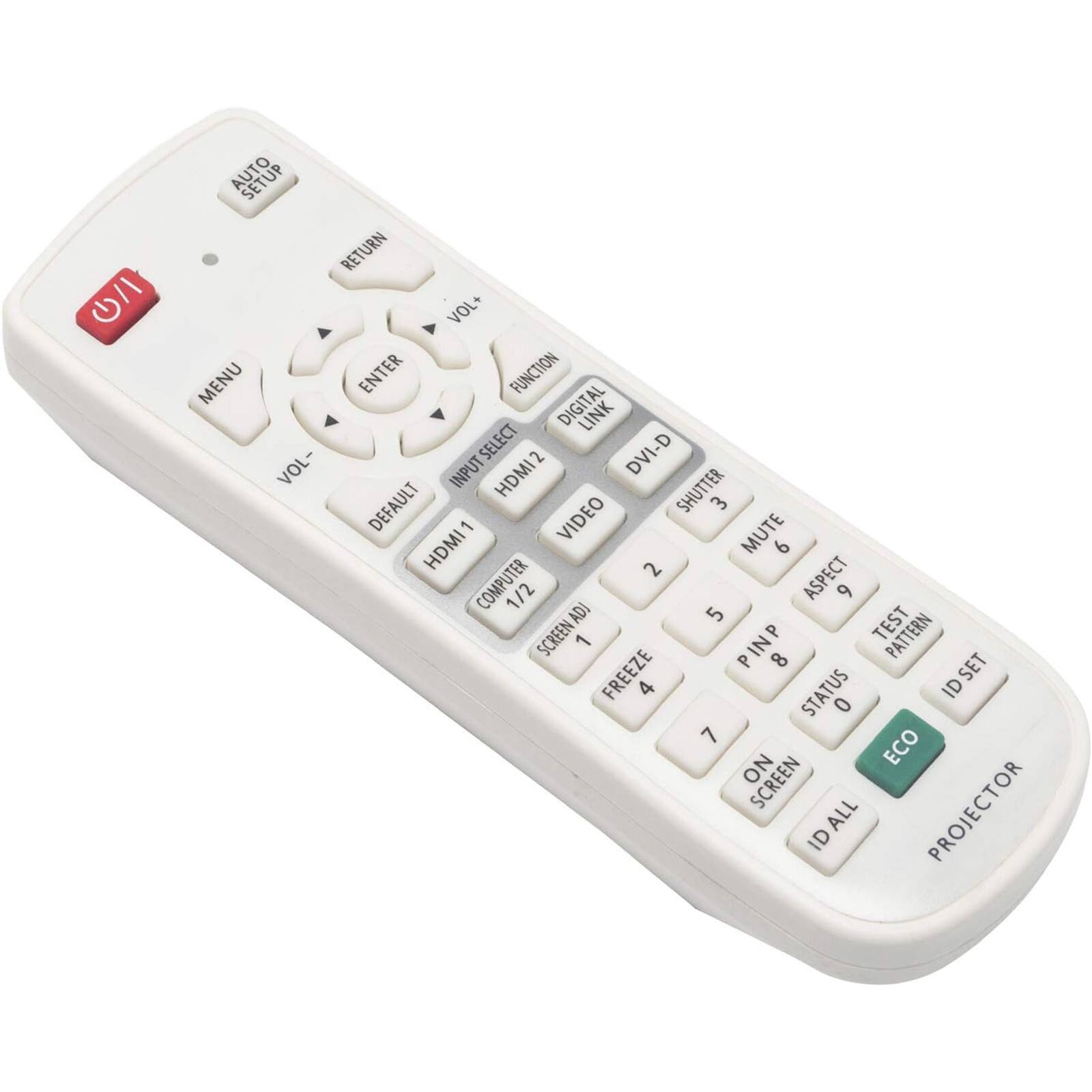 AUTO SETUP  
RETURN  
MENU  
VOL-  
ENTER  
VOL+  
FUNCTION  
DIGITAL LINK  
DVI-D  
SHUTTER 3  
MUTE  
INPUT SELECT  
HDMI 1  
HDMI 2  
VIDEO  
COMPUTER 1/2  
ASPECT  
SCREEN ADJ 1  
FREEZE 4  
PINP 5  
PATTERN 6  
TEST 7  
STATUS 8  
ID SET 9  
DEFAULT  
ON SCREEN  
ID ALL  
ECO  
PROJECTOR