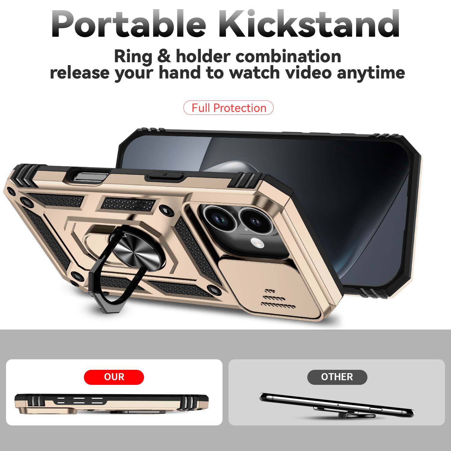 Portable Kickstand  
Ring & holder combination release your hand to watch video anytime  
Full Protection  

OUR  
OTHER