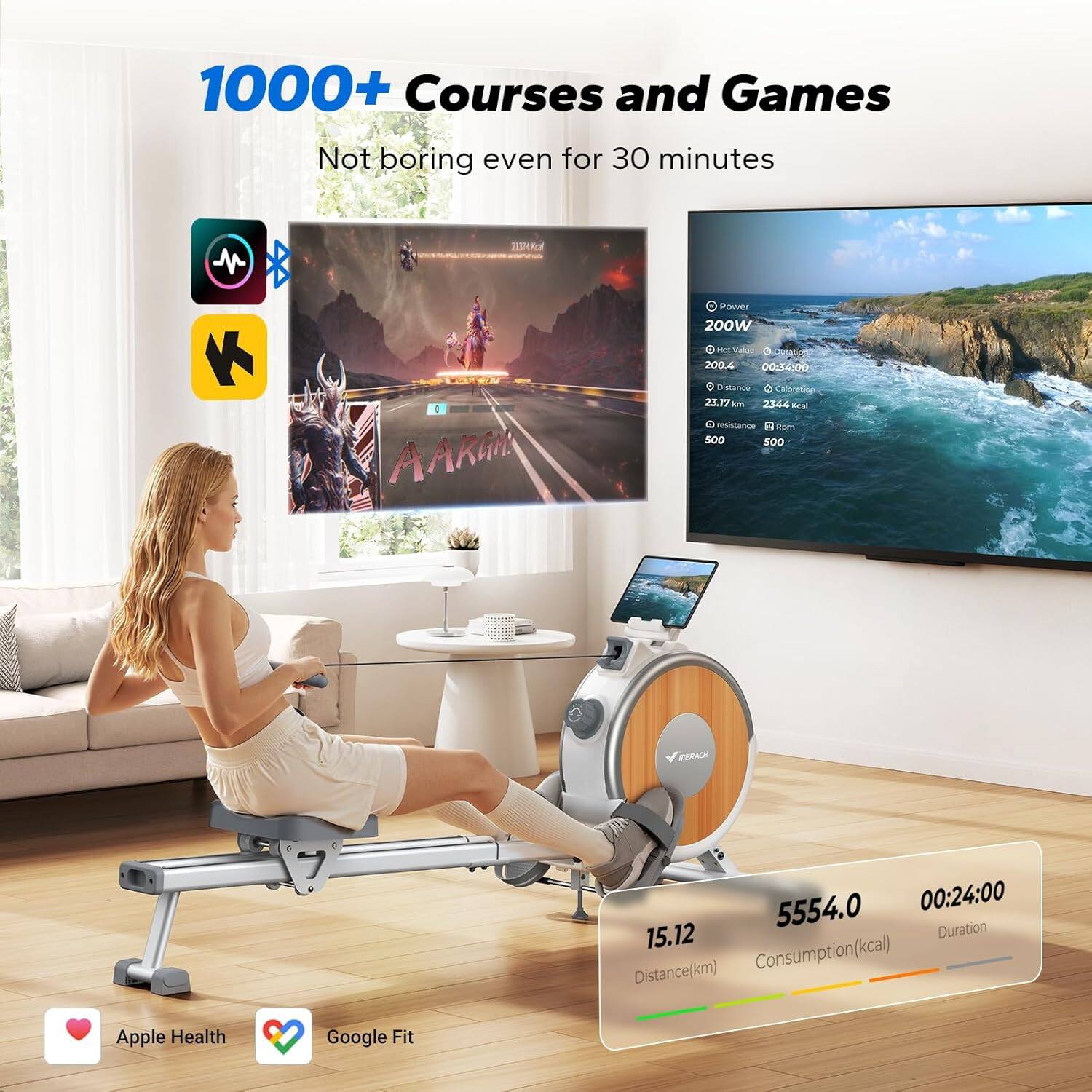1000+ Courses and Games  
Not boring even for 30 minutes  

- Power: 200W  
- Max Value: 200.4  
- Duration: 00:34:00  
- Distance: 23.17 km  
- Consumption: 234 kcal  
- Resistance: 500  

- Distance (km): 15.12  
- Consumption (kcal): 5554.0  
- Duration: 00:24:00  

Apple Health  
Google Fit