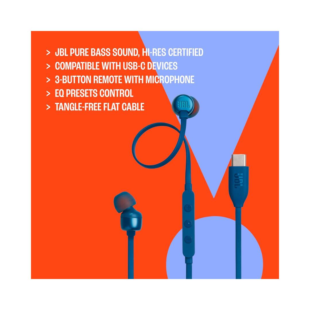 JBL PURE BASS SOUND, HI-RES CERTIFIED  
COMPATIBLE WITH USB-C DEVICES  
3-BUTTON REMOTE WITH MICROPHONE  
EQ PRESETS CONTROL  
TANGLE-FREE FLAT CABLE