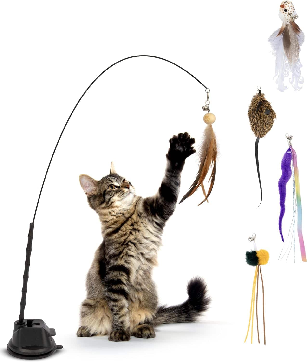 Auledio - 5 IN 1 Interactive Cat Toy Playing Teaser Wand Toy Suction Cup Bird/Feather Cat Wand Toys Set Christmas gifts - Brown