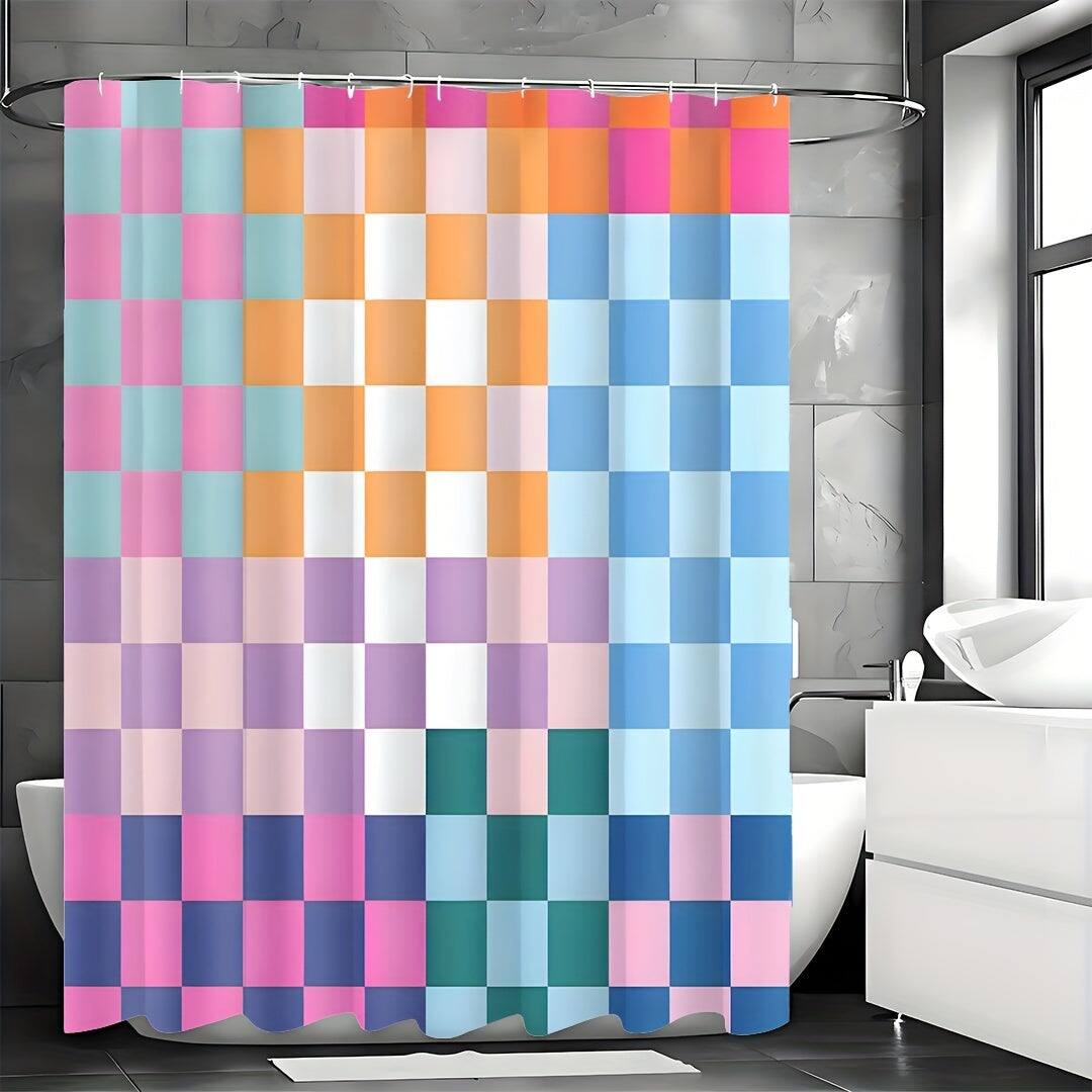 Front. blue - Retro Checkered Shower Curtain Colorful Geometric Modern Rainbow Minimalist Groovy Simple Bright Aesthetic - multicoloured200*180cm.