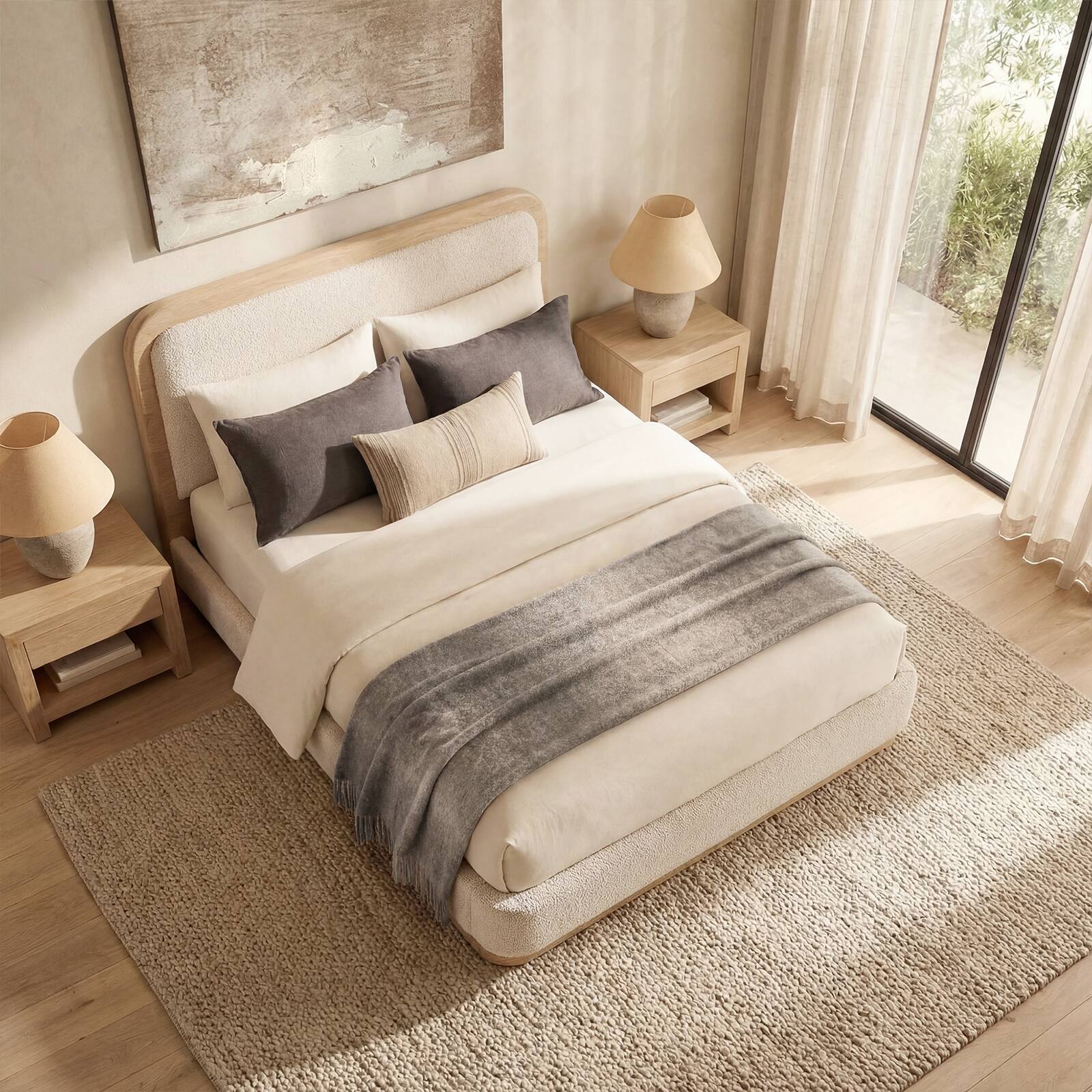 Left. ModernMate - Upholstered Wood Grain PU Fabric Headboard Bed Frame with Fabric Footboard Solid Wood Base Beds - Beige.