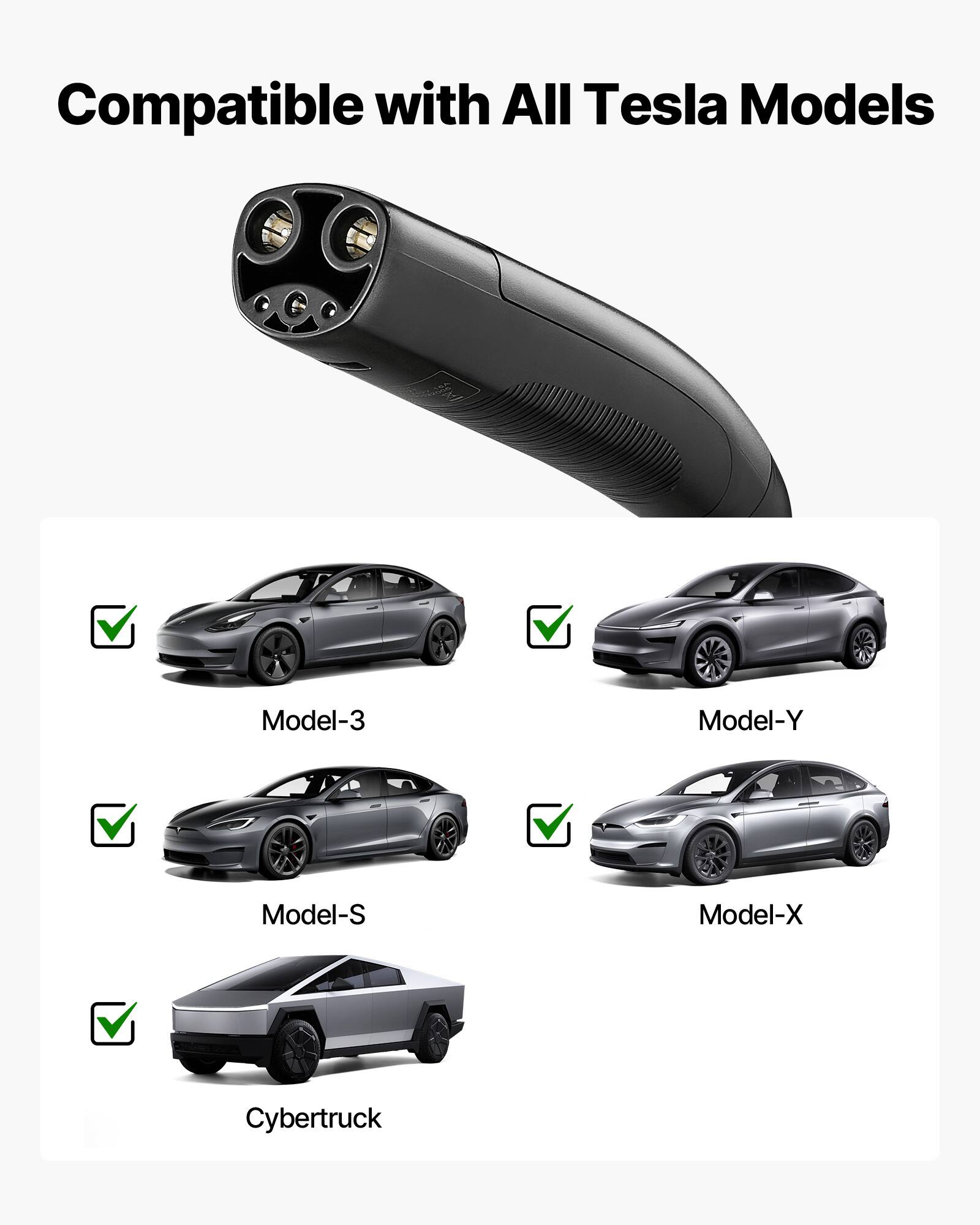 Compatible with All Tesla Models

- Model-3
- Model-Y
- Model-S
- Model-X
- Cybertruck