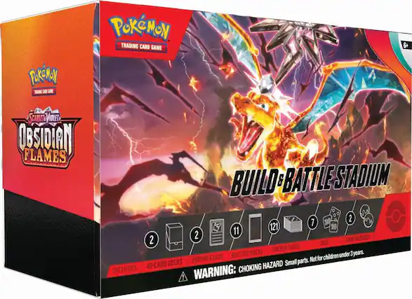 Pokémon Trading Card Game
Scarlet & Violet
Obsidian Flames
Build & Battle Stadium
6+
Includes:
- 40-Card Decks
- 2 Promo Cards
- 11 Booster Packs
- 21 Energy Cards
- 7 Dice
- 10 Coin Markers
Warning: Choking Hazard. Small parts. Not for children under 3 years.