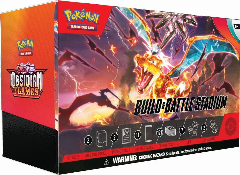 Pokémon Trading Card Game  
Scarlet & Violet  
Obsidian Flames  
Build & Battle Stadium  

6+  

Includes:  
- 40-Card Decks  
- 2 Promo Cards  
- 11 Booster Packs  
- 21 Energy Cards  
- 7 Dice  
- 10 Coin Markers  

Warning: Choking Hazard. Small parts. Not for children under 3 years.