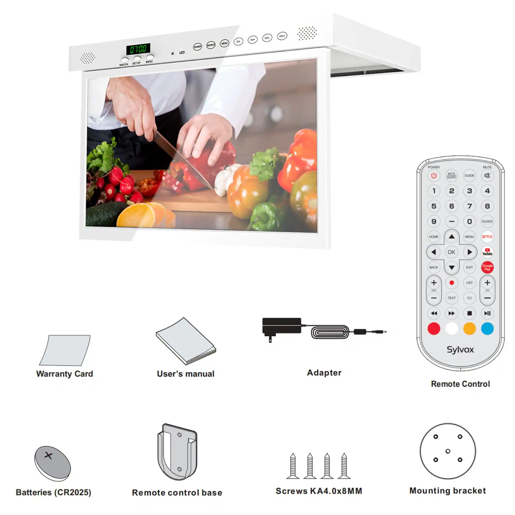 - Warranty Card
- User's manual
- Adapter
- Remote Control
- Batteries (CR2025)
- Remote control base
- Screws KA4.0x8MM
- Mounting bracket