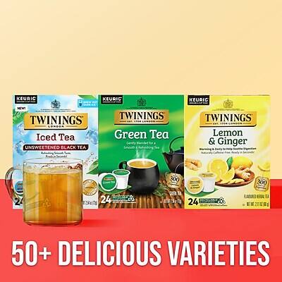KEURIG NEW! TWININGS LONDON  
Iced Tea  
UNSWEETENED BLACK TEA  
24 COUNT  

KEURIG NEW! TWININGS LONDON  
Green Tea  
Gently Brewed for a Smooth Taste  
24 COUNT  

KEURIG NEW! TWININGS LONDON  
Lemon & Ginger  
Naturally Flavored with Other Natural Flavors  
24 COUNT  

50+ DELICIOUS VARIETIES