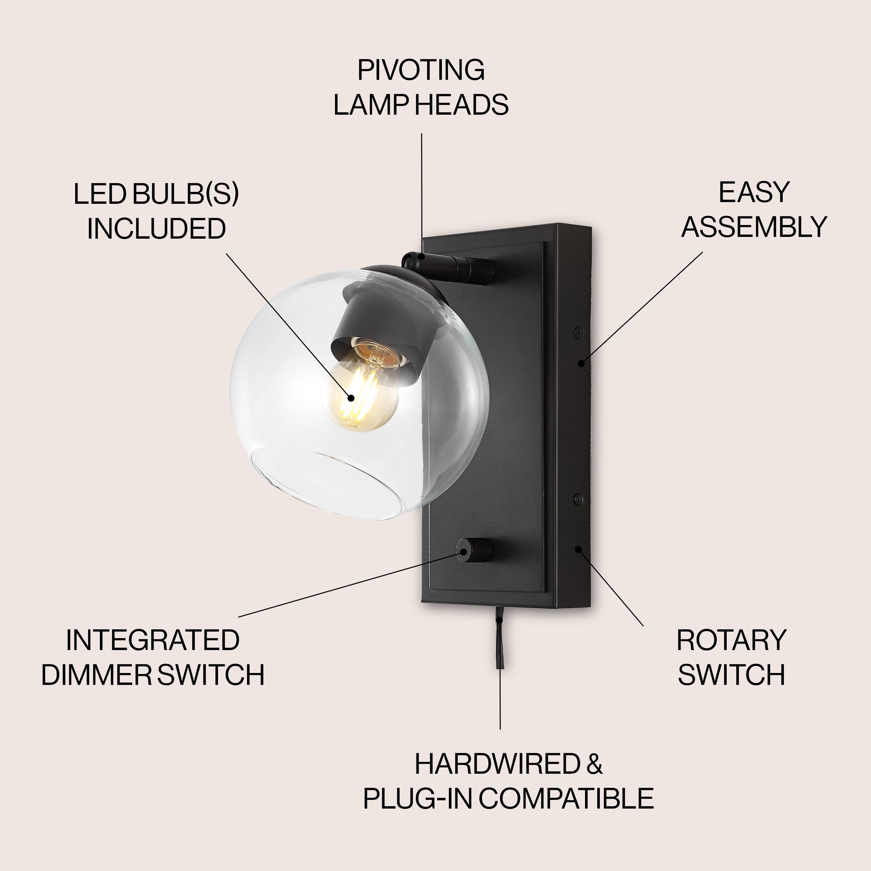 PIVOTING LAMP HEADS  
LED BULB(S) INCLUDED  
EASY ASSEMBLY  
INTEGRATED DIMMER SWITCH  
ROTARY SWITCH  
HARDWIRED & PLUG-IN COMPATIBLE