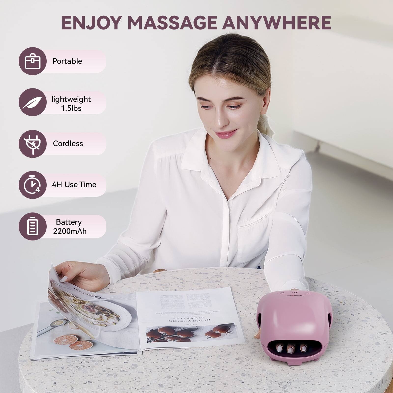 ENJOY MASSAGE ANYWHERE

- Portable
- Lightweight 1.5lbs
- Cordless
- 4H Use Time
- Battery 2200mAh