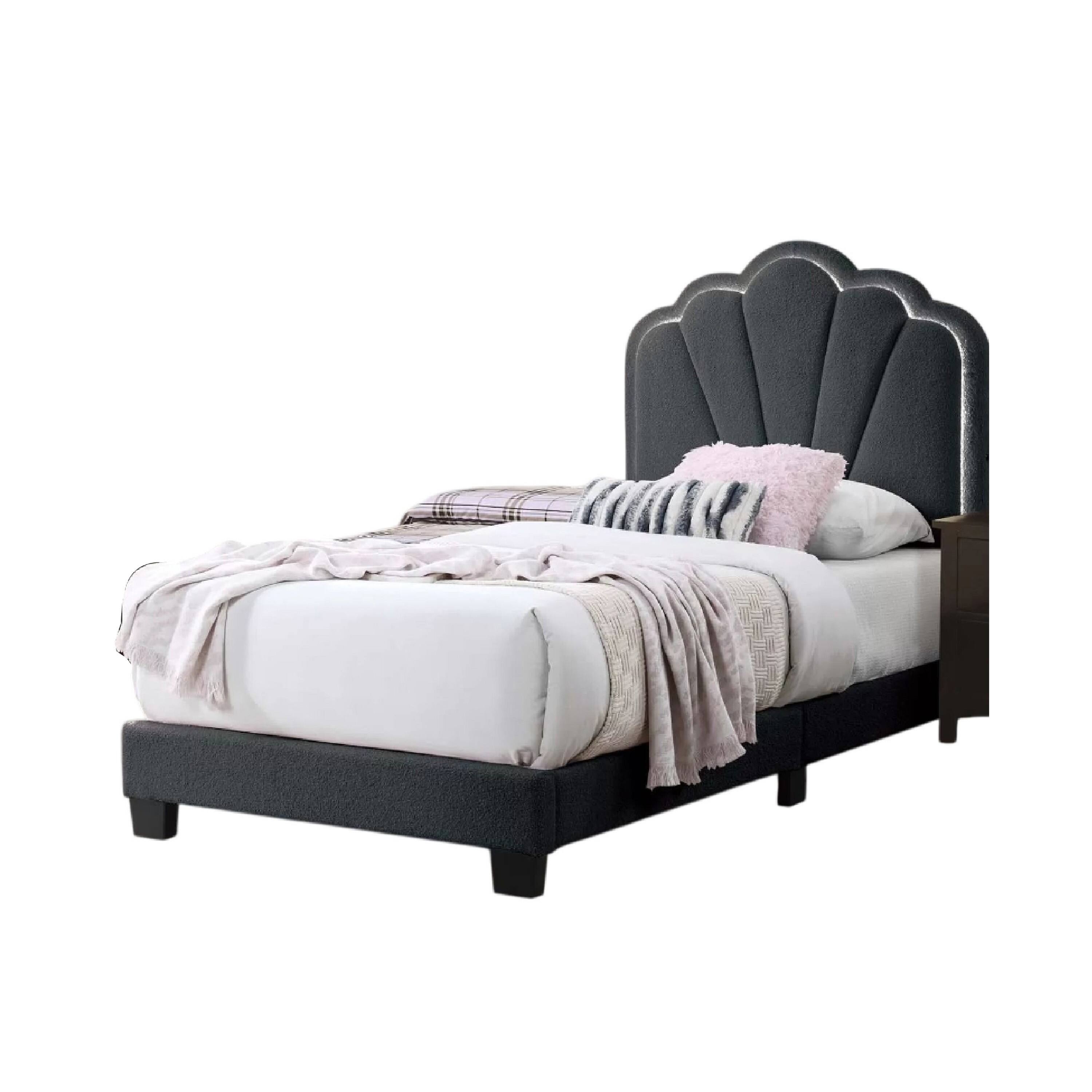 Alt View 2. Manhattan Lane - Roxy Twin Bed, Charcoal Gray Wool, LED Lighting, Padded Headboard - Charcoal Gray, Black.