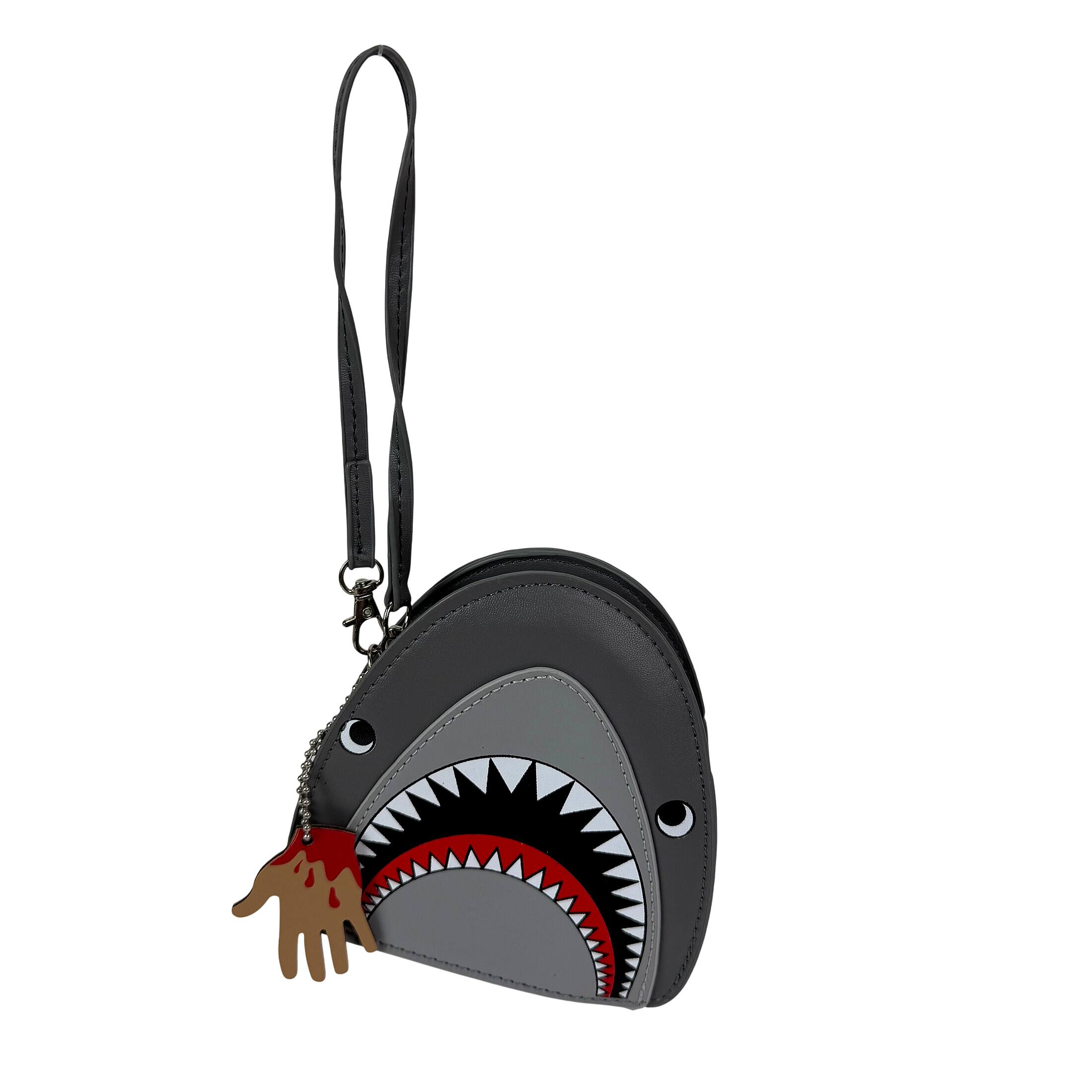 Front. Things2Die4 - Shark Wristlet Handbag Halloween Grey Vinyl Coin Purse with Hand Charm Zipper - Grey.