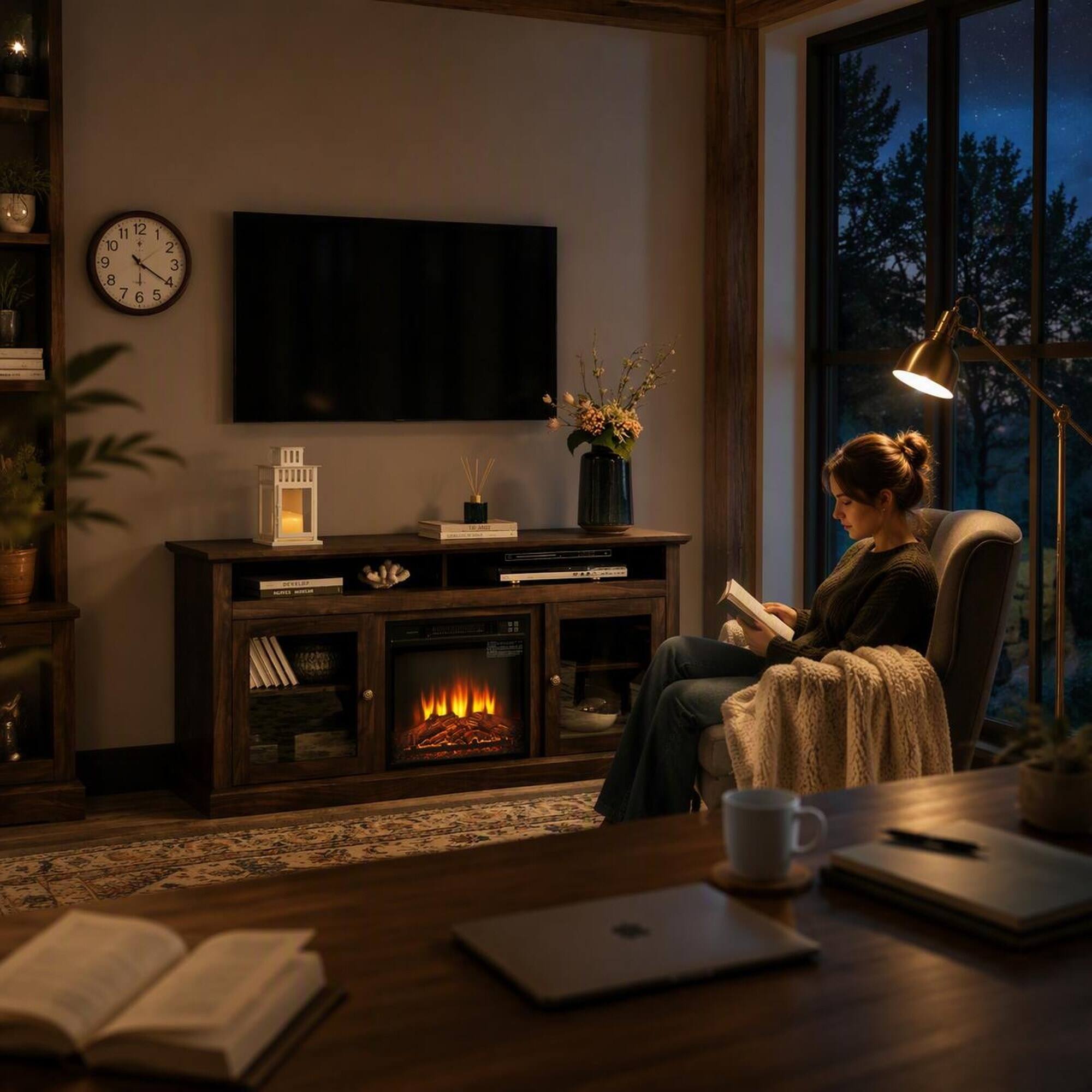 Left. RYHNUYNE - Contemporary Media Console with Built-In 18" Electric Fireplace for TVs up to 65" – Brown Wood Entertainment Center - Brown.