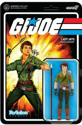 The corrected text from the image is:
"AGES 14+ A WARNING: CHOKING HAZARD - SMALL PARTS. NOT FOR CHILDREN UNDER 3 YEARS. GI JOE. LADY JAYE. COVERT OPERATIONS. ReAction FIGURES."