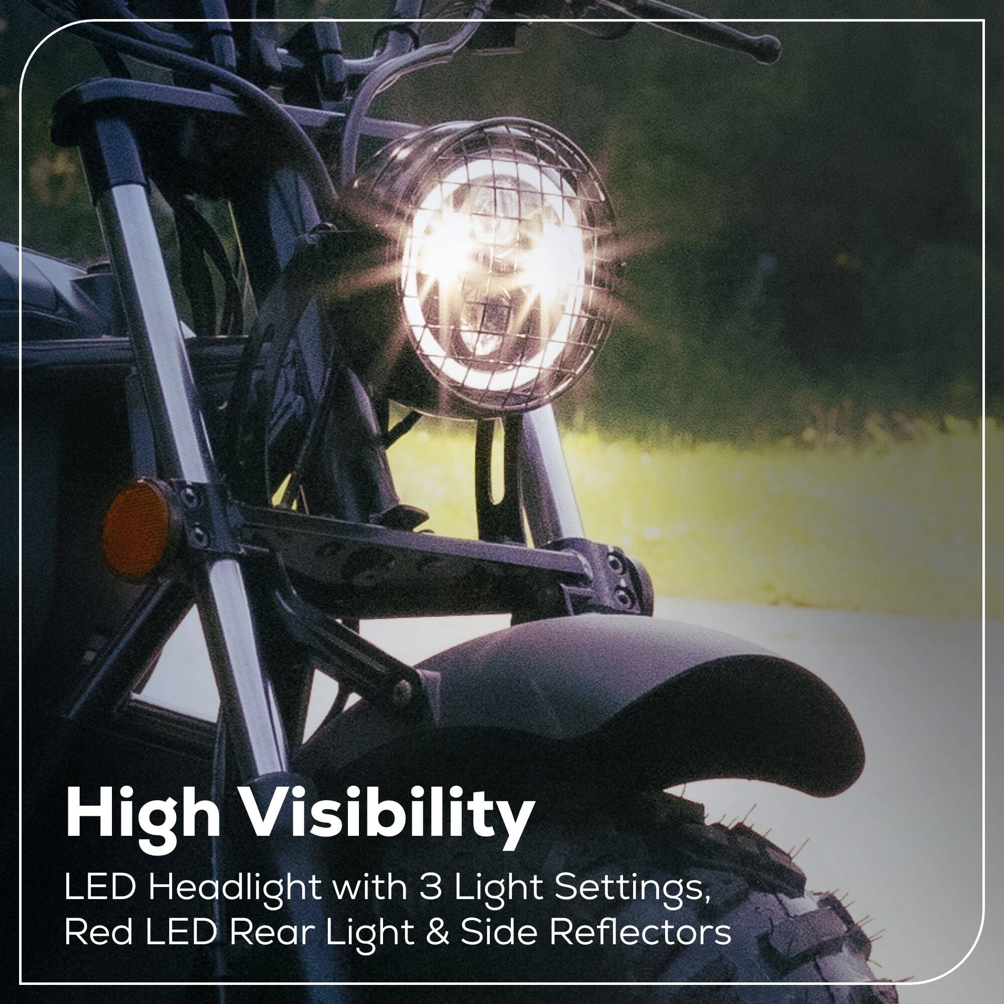 High Visibility LED Headlight with 3 Light Settings, Red LED Rear Light & Side Reflectors