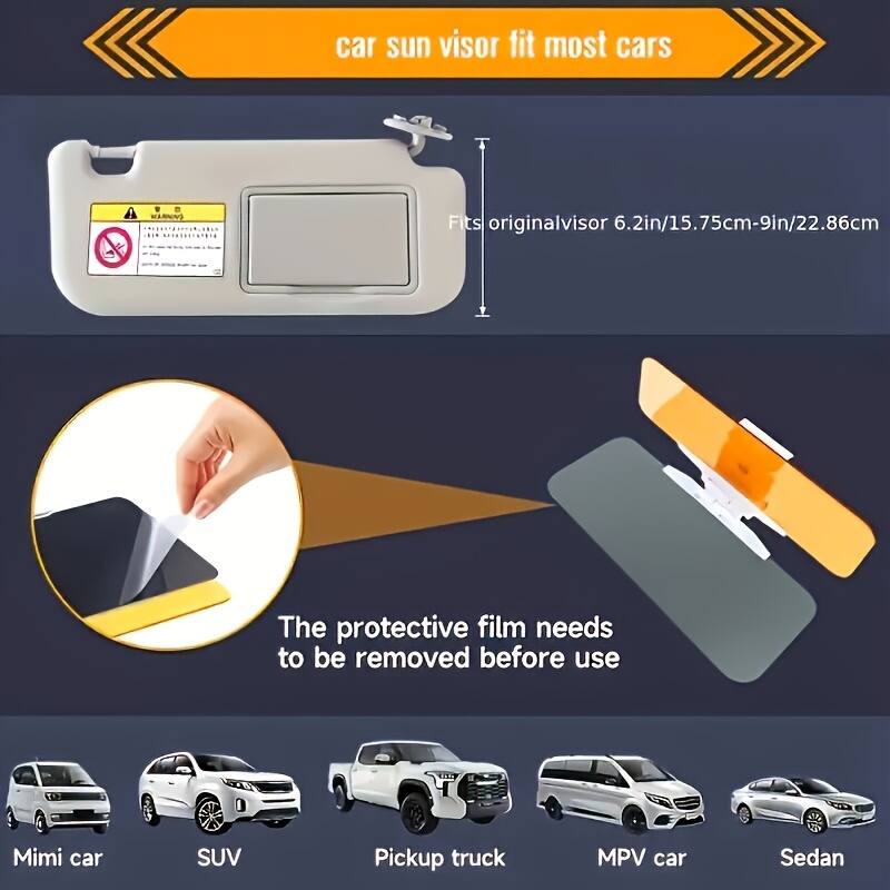 car sun visor fit most cars  
WARNING: Fits original visor 6.2in/15.75cm-9in/22.86cm  
The protective film needs to be removed before use  
Mimi car SUV Pickup truck MPV car Sedan